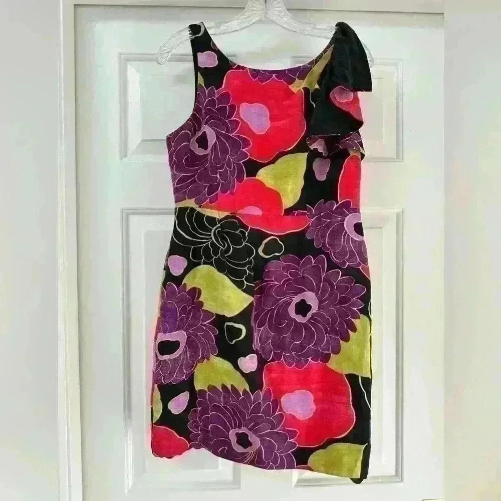 Leifsdottir Anthropologie Size Black Silk/Cotton Floral‎ A-Line Dress Sleeveless